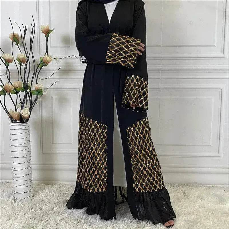 Sequined Embroidered Outerwear Robe  Turkey Arab Dubai Middle East Women's Chiffon Cardigan Abaya Dress