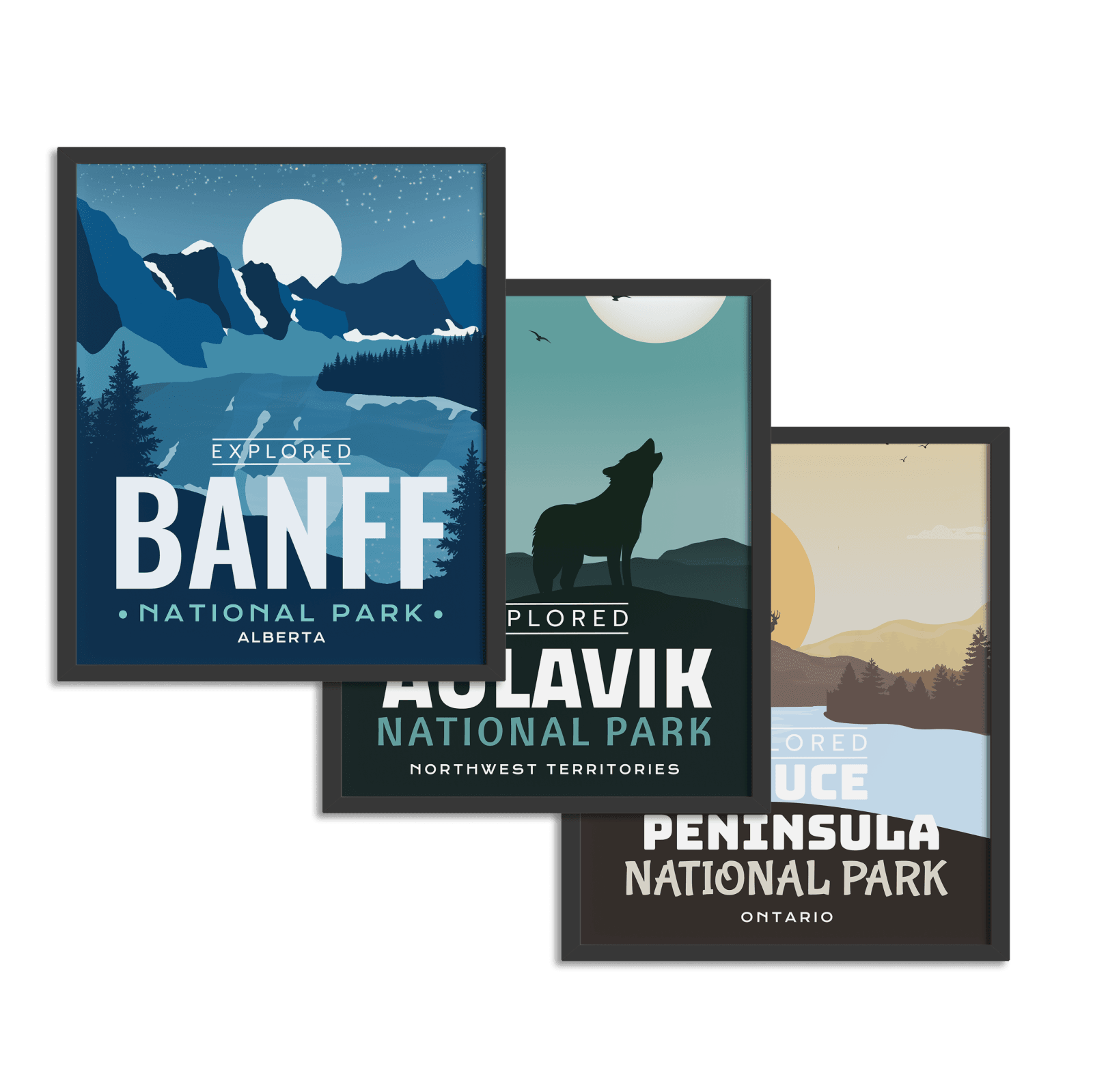 Set of 1, 2 or 3 National Park 'Explored' Posters, Canada Parks