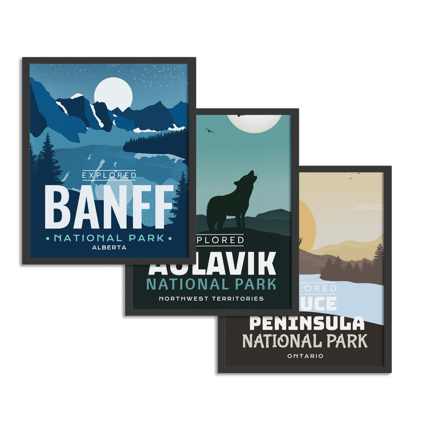 Set of 1, 2 or 3 National Park 'Explored' Posters, Canada Parks