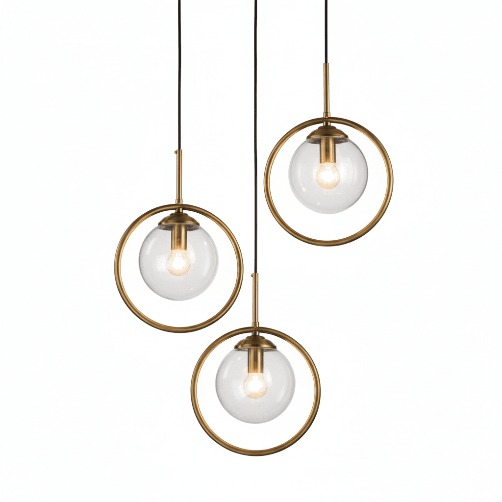 Set of Three Celestial Orb Brass Pendant Lamps