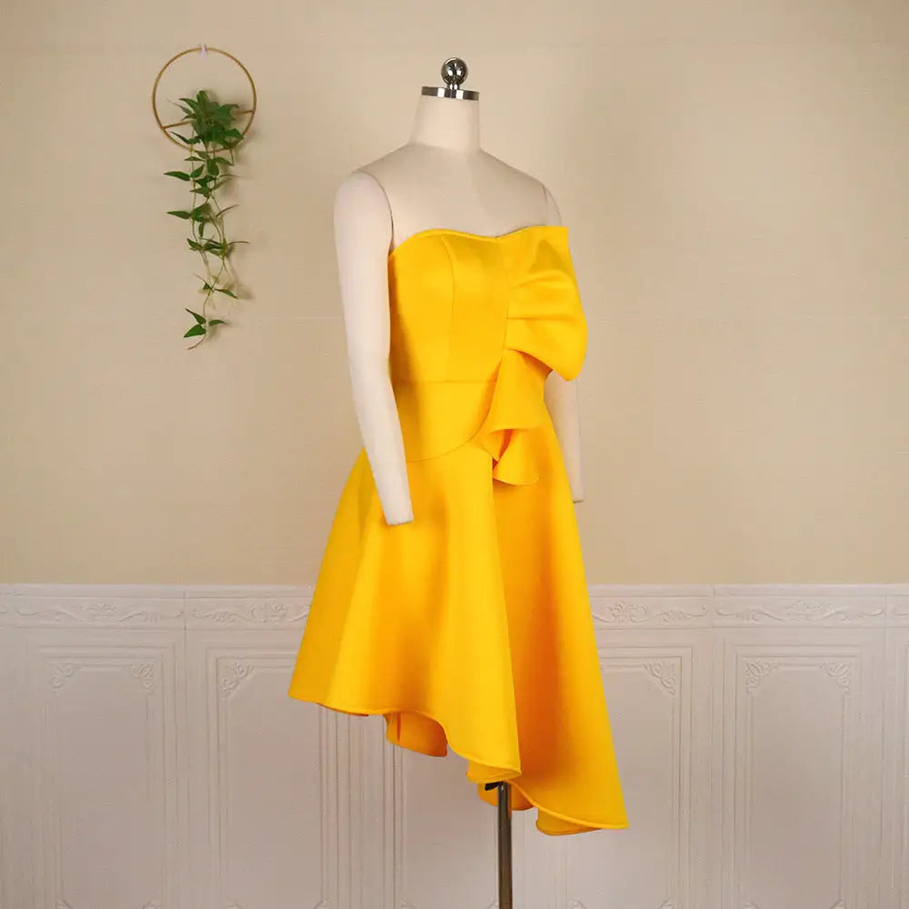 1 Bold sleeveless asymmetric party dress – high waist, strapless style.