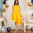 1 Bold sleeveless asymmetric party dress – high waist, strapless style.