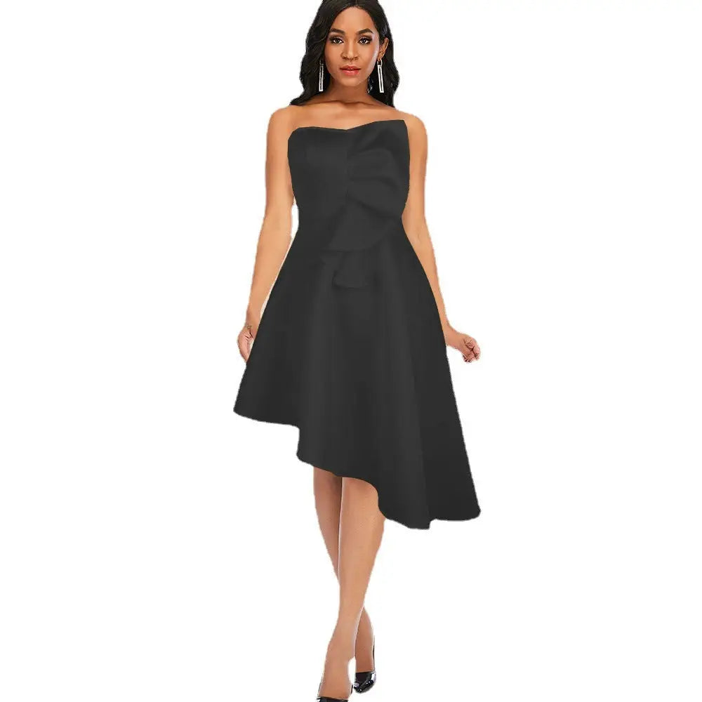 1 Bold sleeveless asymmetric party dress – high waist, strapless style.