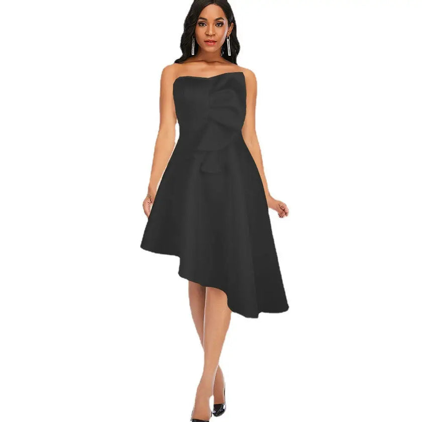 1 Bold sleeveless asymmetric party dress – high waist, strapless style.