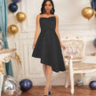 1 Bold sleeveless asymmetric party dress – high waist, strapless style.