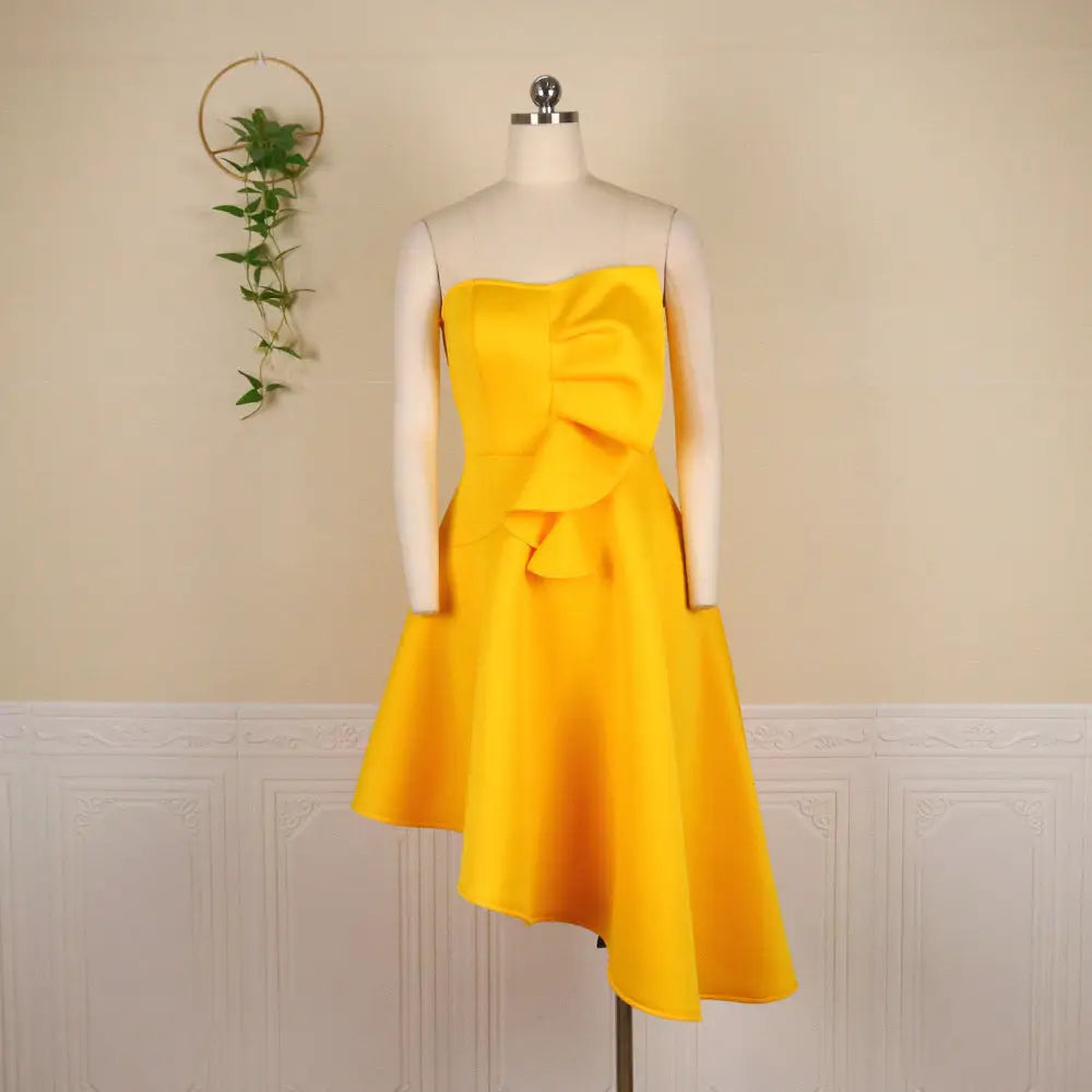 1 Bold sleeveless asymmetric party dress – high waist, strapless style.