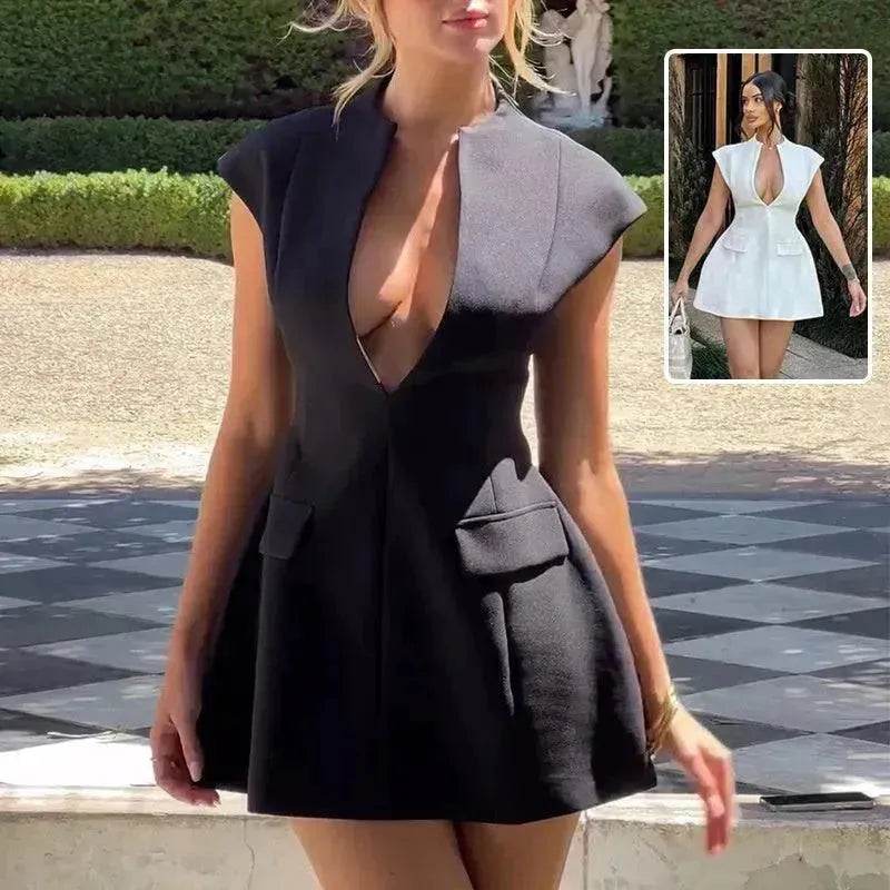 Sexy Deep V-Neck A-Line Mini Dress – French Style Slimming Waist Snatched Summer Dress for Women