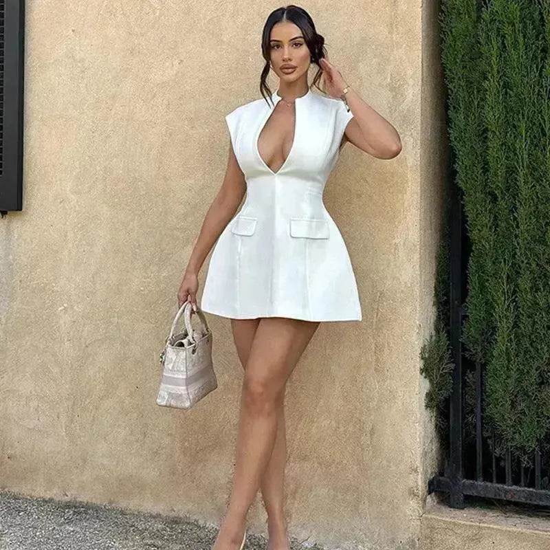 Sexy Deep V-Neck A-Line Mini Dress – French Style Slimming Waist Snatched Summer Dress for Women