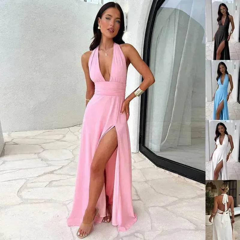 Charming Halterneck V-neck Slit Dress Summer Backless Strappy Skirt Fashion Temperament Clothing Women