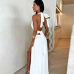 Charming Halterneck V-neck Slit Dress Summer Backless Strappy Skirt Fashion Temperament Clothing Women
