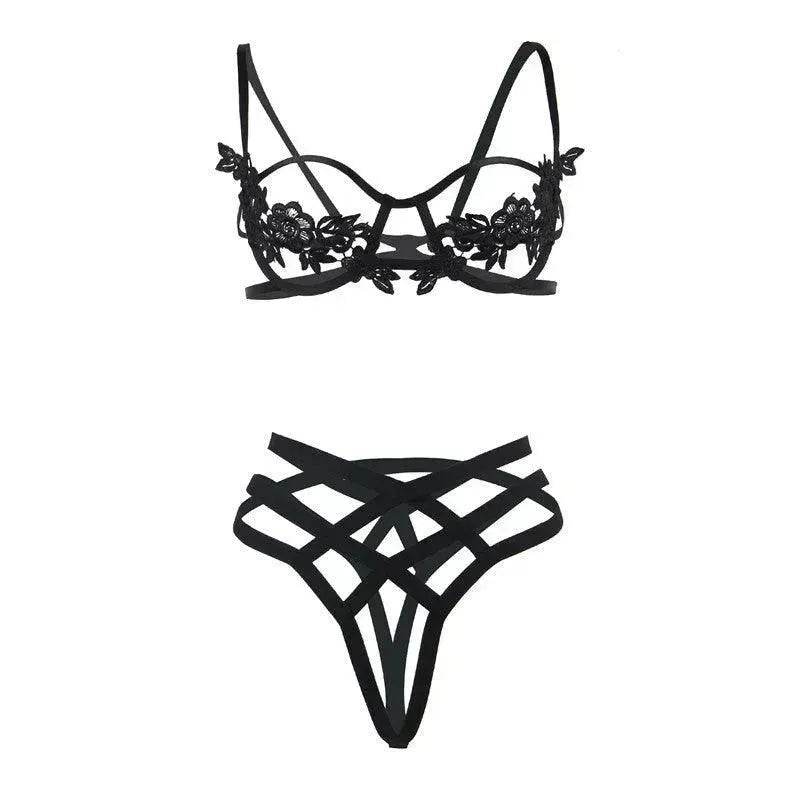 Women's Floral Appliqué Strappy Lingerie Set – Bralette & Cage Thong | Black, White, Blue | M & XL