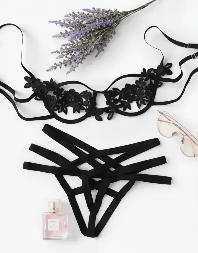 Women's Floral Appliqué Strappy Lingerie Set – Bralette & Cage Thong | Black, White, Blue | M & XL