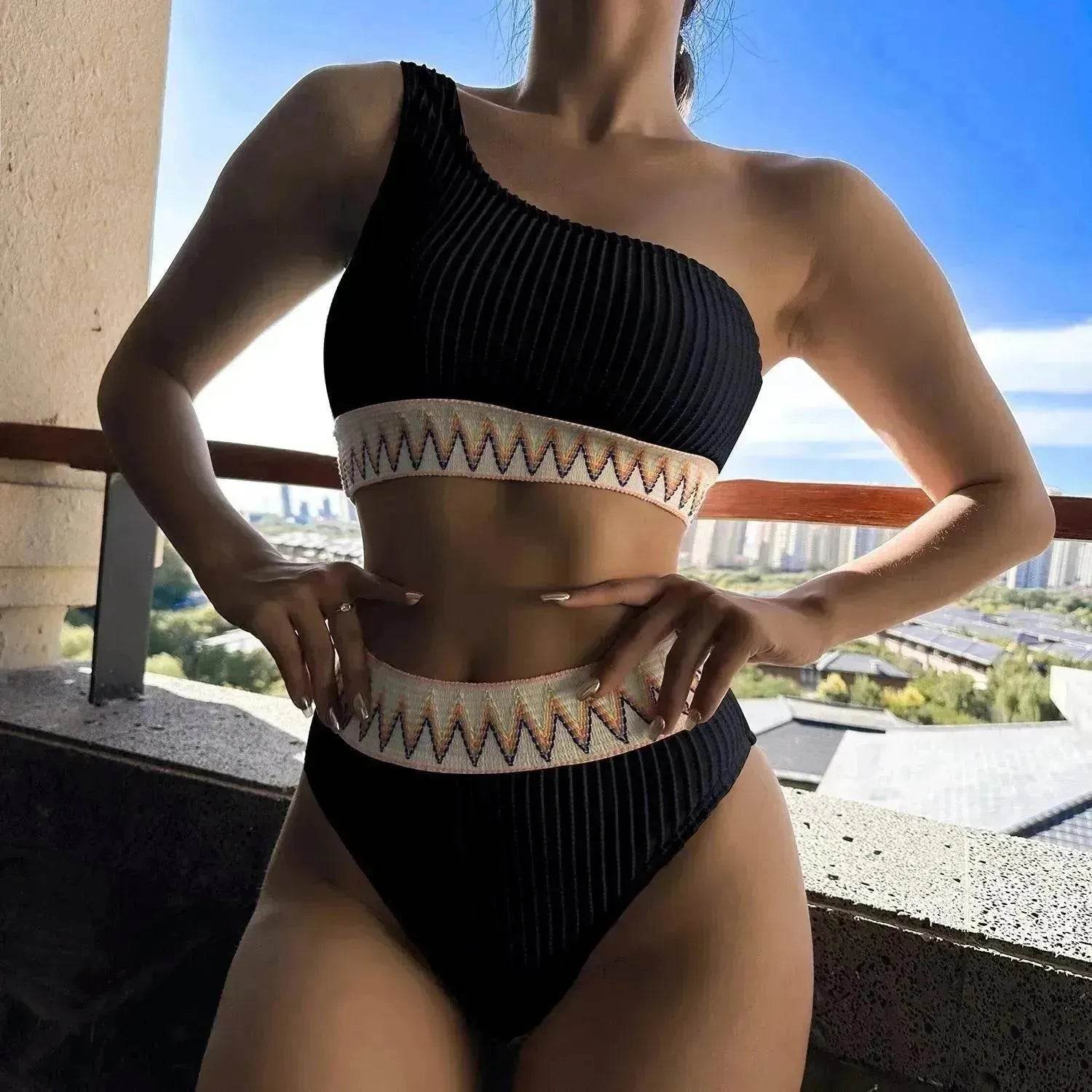 Charming One-shoulder Bikini With Striped Pleated And Ripple Print Design Solid Color Summer Beach Swimsuit Womens Clothing