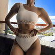 Charming One-shoulder Bikini With Striped Pleated And Ripple Print Design Solid Color Summer Beach Swimsuit Womens Clothing