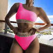 Charming One-shoulder Bikini With Striped Pleated And Ripple Print Design Solid Color Summer Beach Swimsuit Womens Clothing
