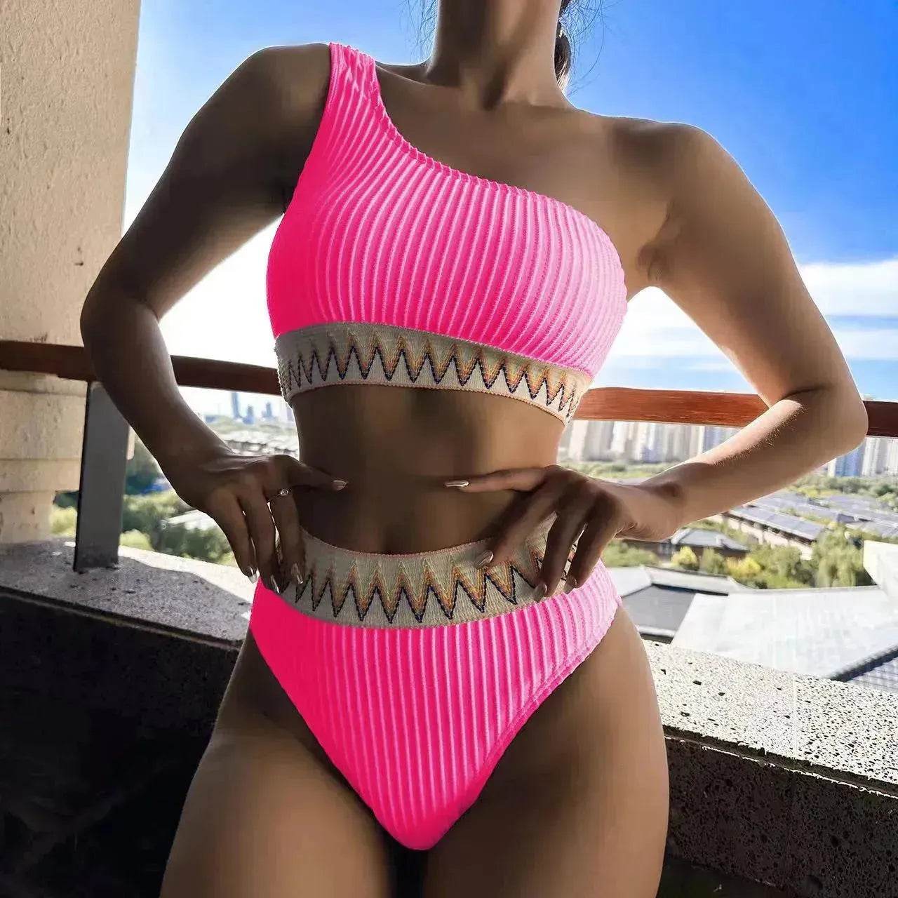 Charming One-shoulder Bikini With Striped Pleated And Ripple Print Design Solid Color Summer Beach Swimsuit Womens Clothing