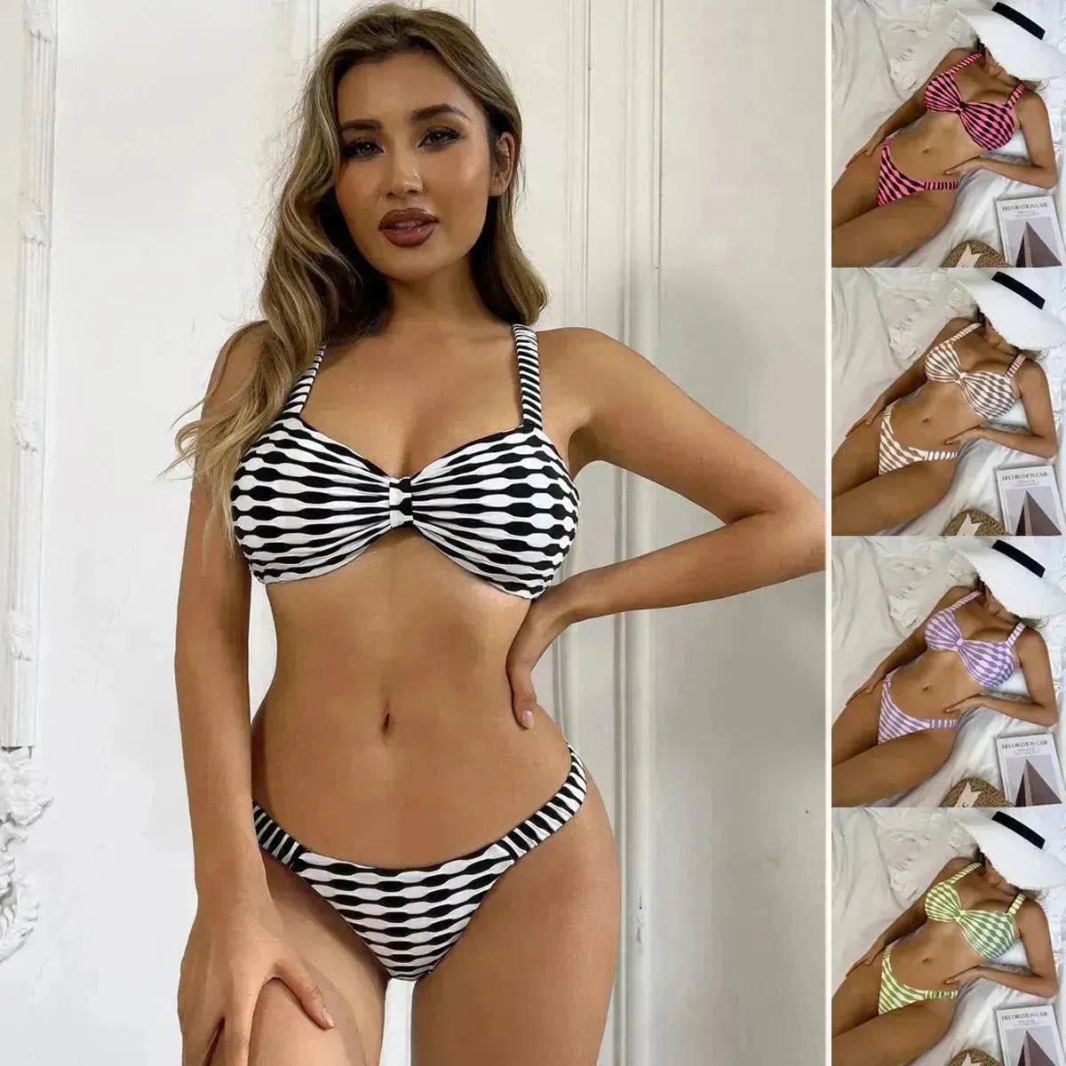 Charming Striped Print Bikini Summer Beach Swimsuit Set Womens Clothing