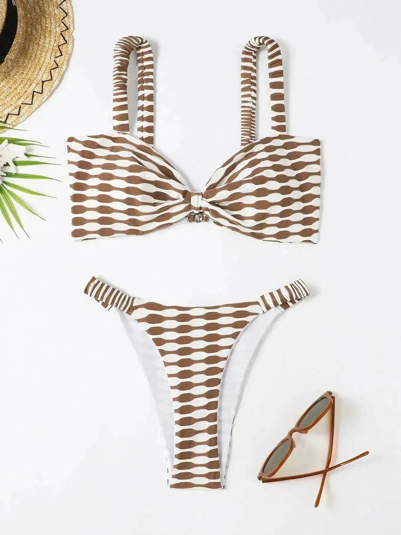 Charming Striped Print Bikini Summer Beach Swimsuit Set Womens Clothing