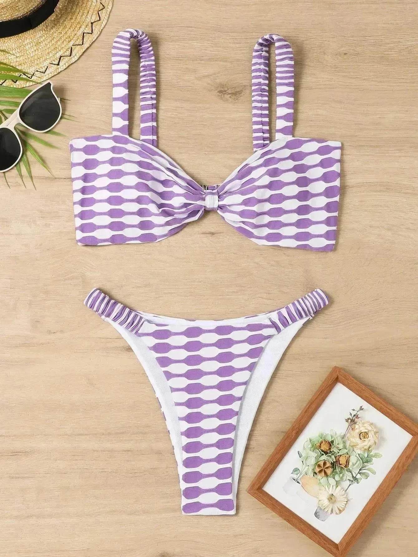 Charming Striped Print Bikini Summer Beach Swimsuit Set Womens Clothing
