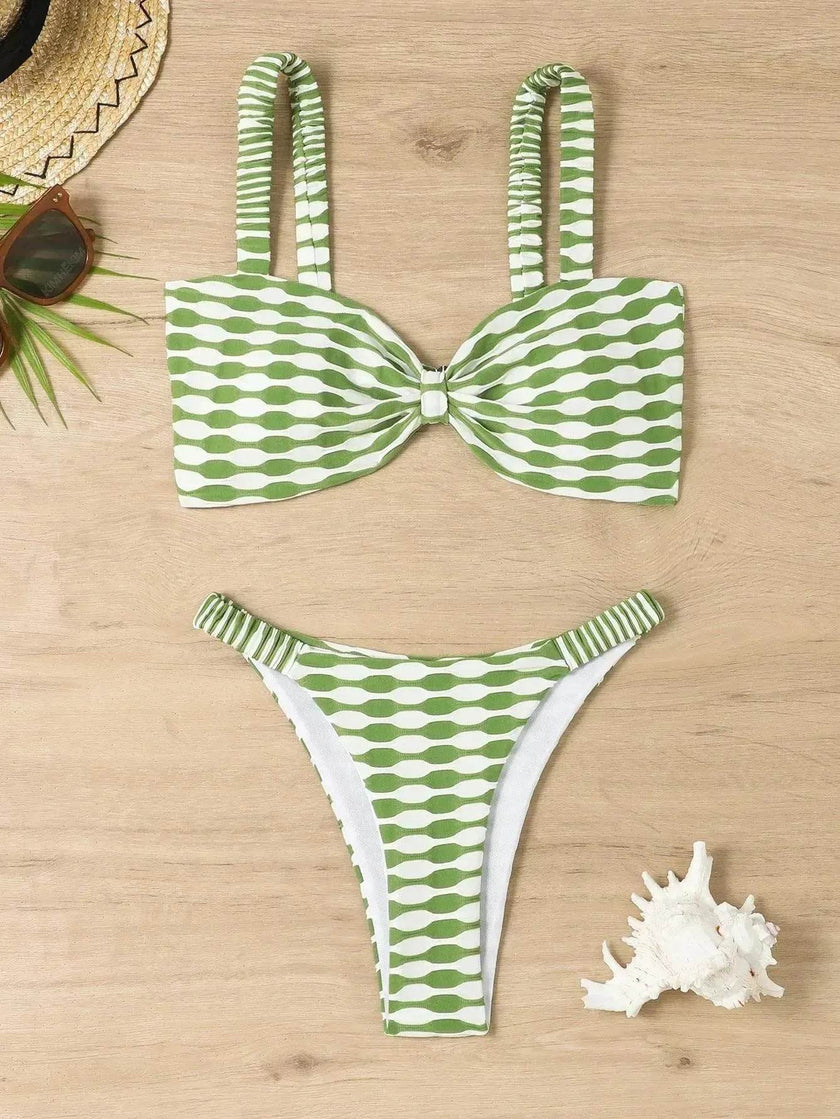 Charming Striped Print Bikini Summer Beach Swimsuit Set Womens Clothing