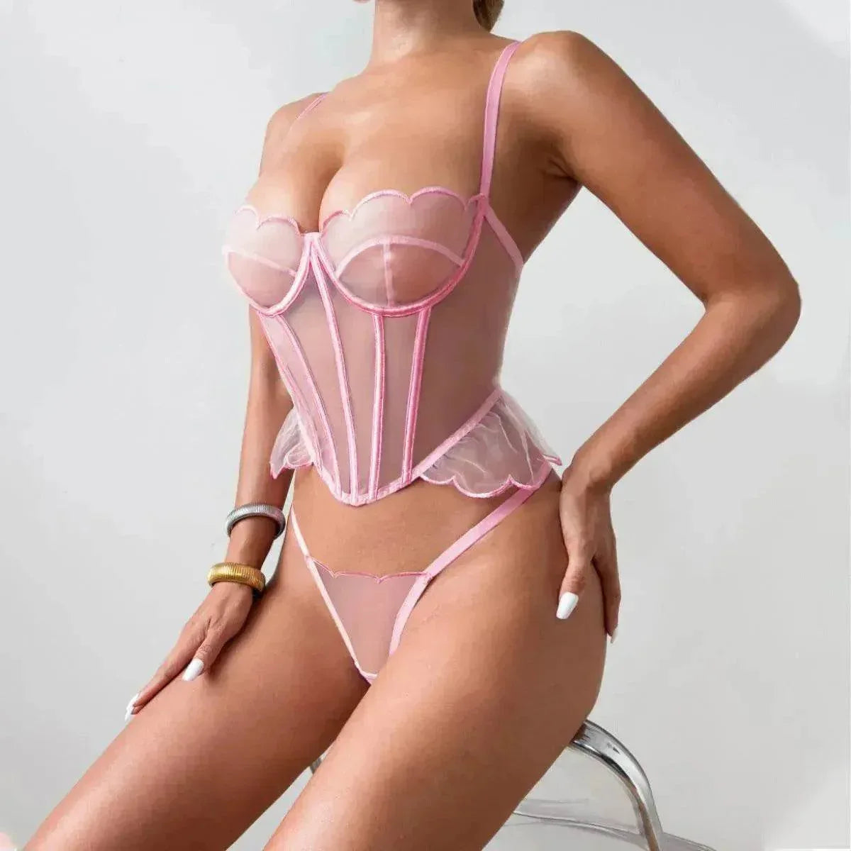 Shaping Sling Wave Mesh Edge Joint Fishbone See-through Charming Underwear Two-piece