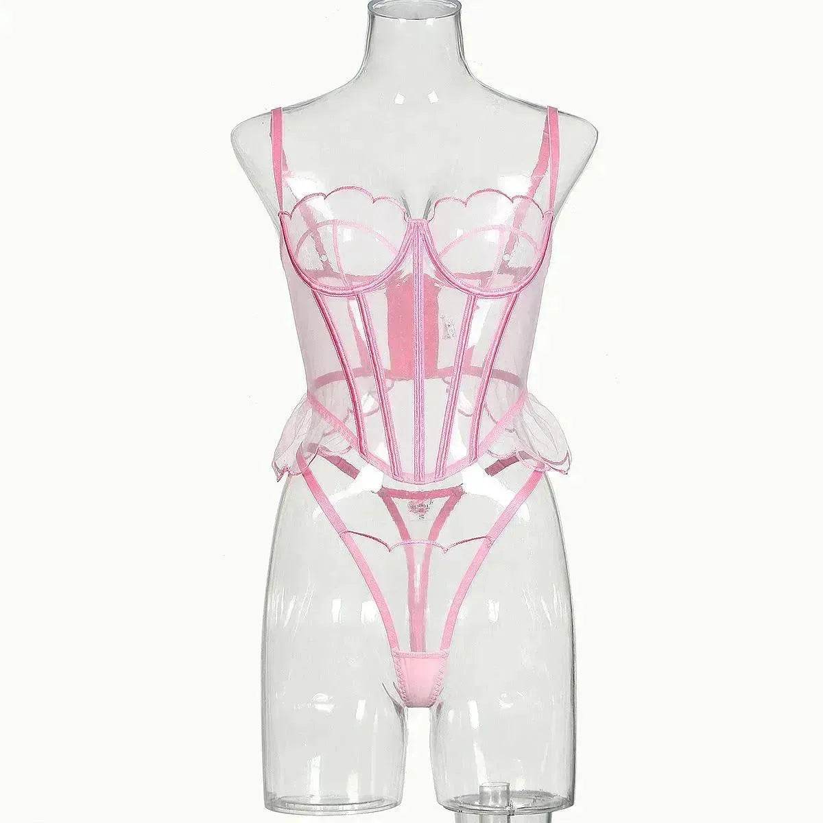 Shaping Sling Wave Mesh Edge Joint Fishbone See-through Charming Underwear Two-piece