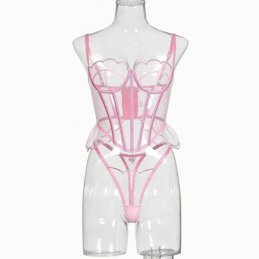 Shaping Sling Wave Mesh Edge Joint Fishbone See-through Charming Underwear Two-piece