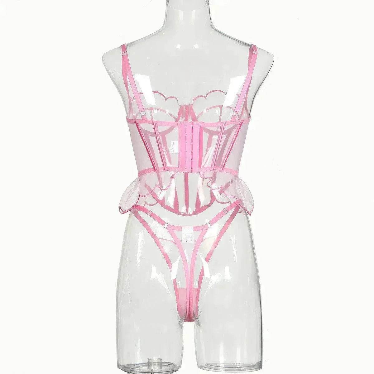 Shaping Sling Wave Mesh Edge Joint Fishbone See-through Charming Underwear Two-piece