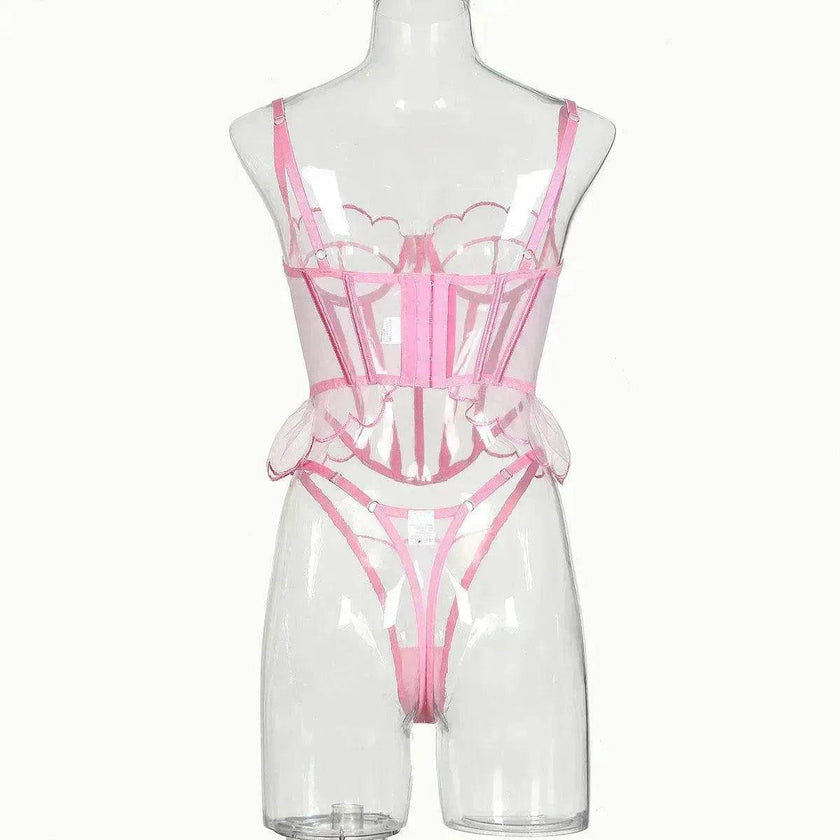 Shaping Sling Wave Mesh Edge Joint Fishbone See-through Charming Underwear Two-piece