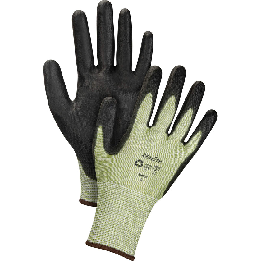 Eco-Friendly Seamless Cut-Resistant Gloves, Size 10, 13 Gauge, Polyurethane Coated, HPPE/RPET Shell, ASTM ANSI Level A4