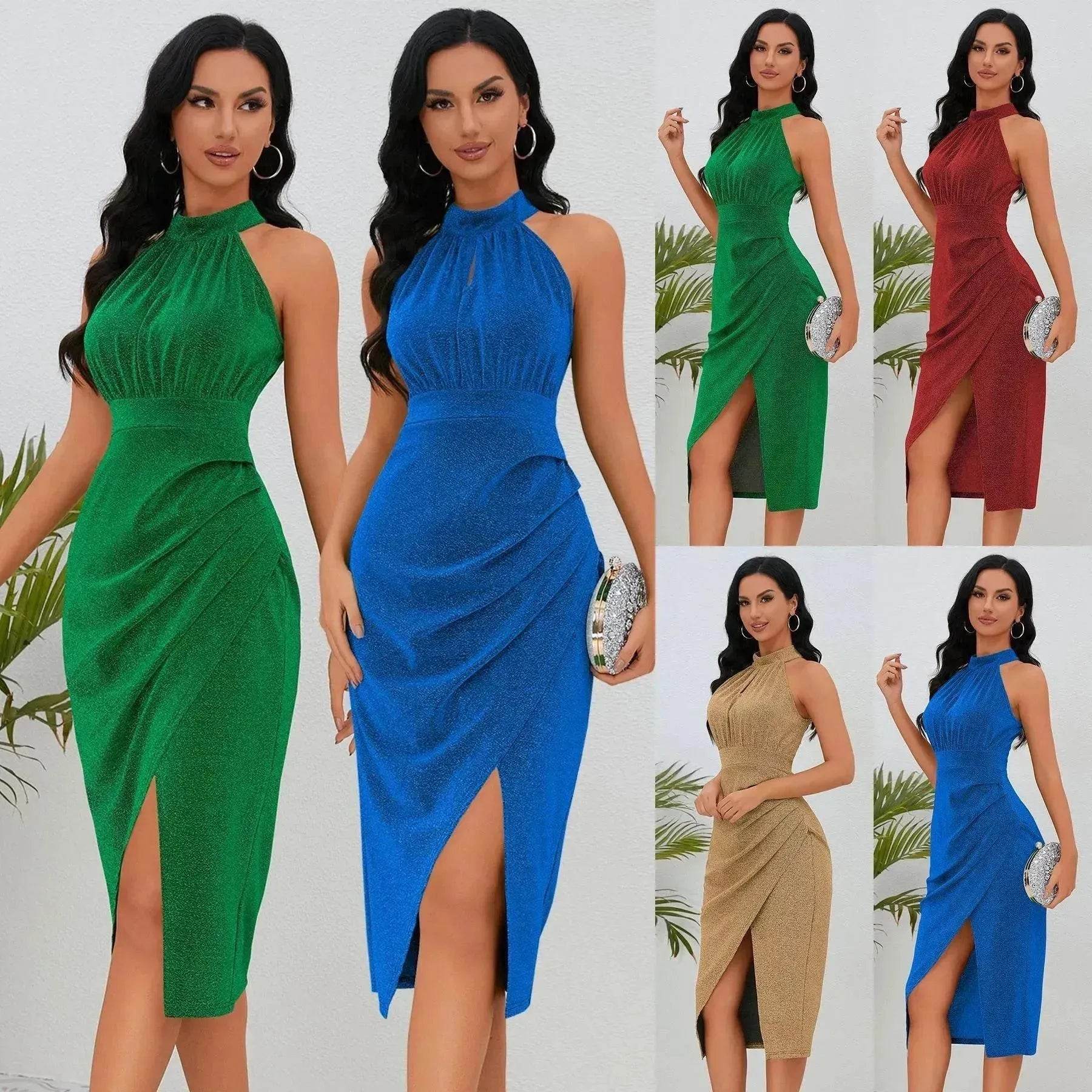 Shiny Stand Collar Formal Dress Slim Fit Charming Slit Irregular Dress