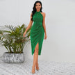Shiny Stand Collar Formal Dress Slim Fit Charming Slit Irregular Dress