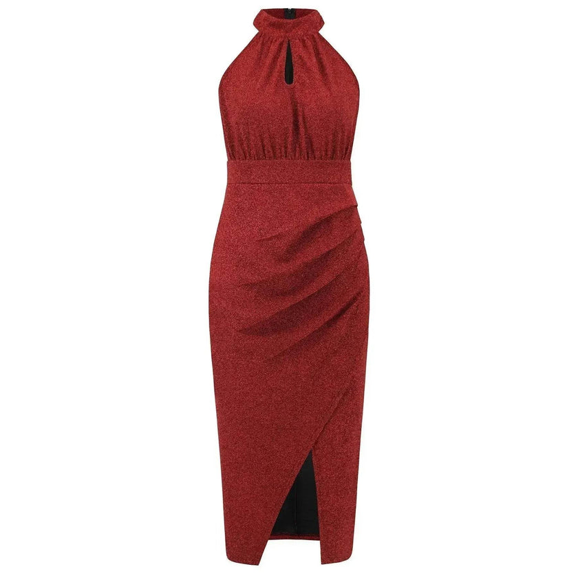Shiny Stand Collar Formal Dress Slim Fit Charming Slit Irregular Dress