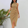 Shiny Stand Collar Formal Dress Slim Fit Charming Slit Irregular Dress
