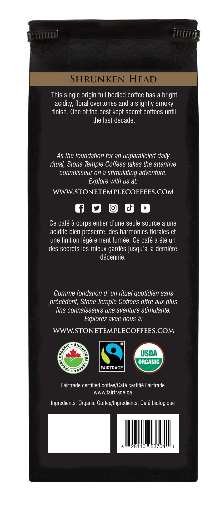 Shrunken Head - Ground, Bold Medium Roast, Certified Organic OCIA/ Fairtrade Coffee 1lb/454g
