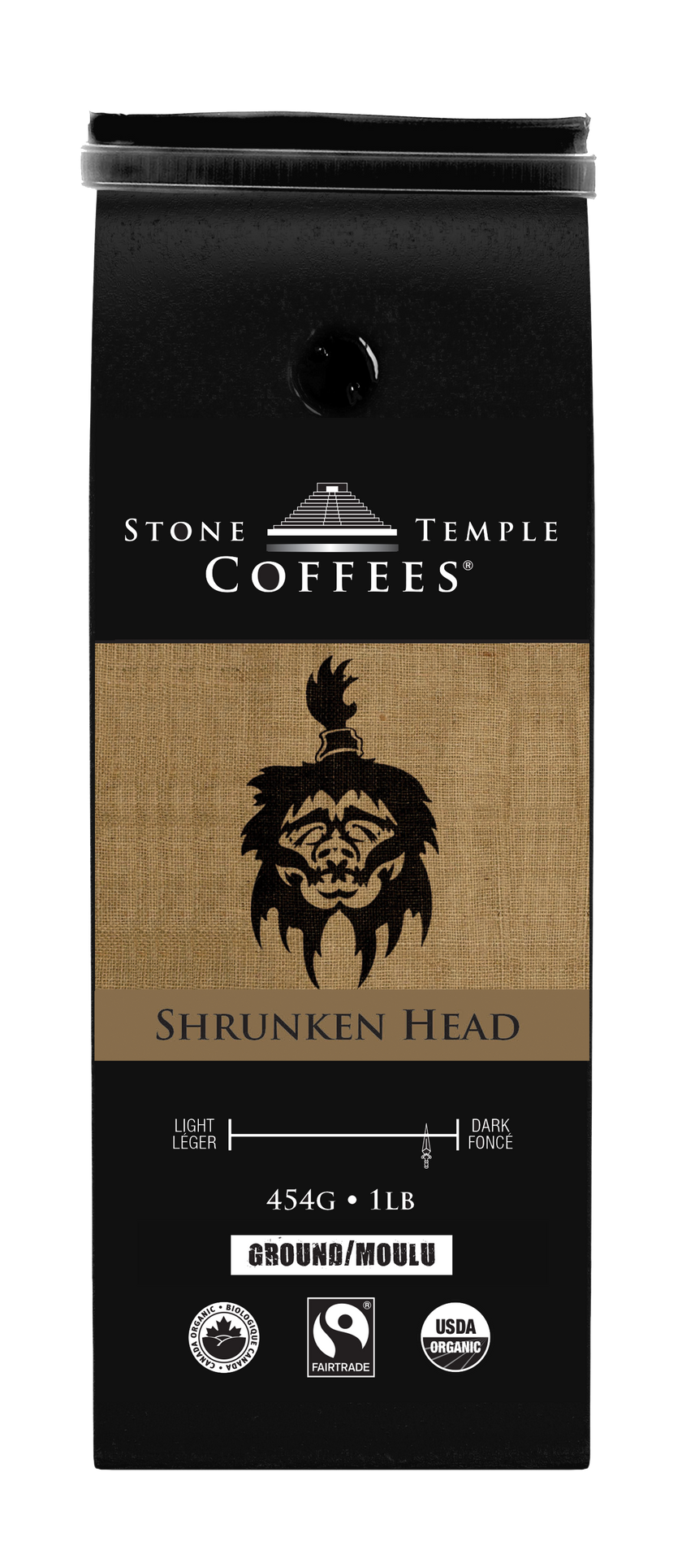 Shrunken Head - Ground, Bold Medium Roast, Certified Organic OCIA/ Fairtrade Coffee 1lb/454g