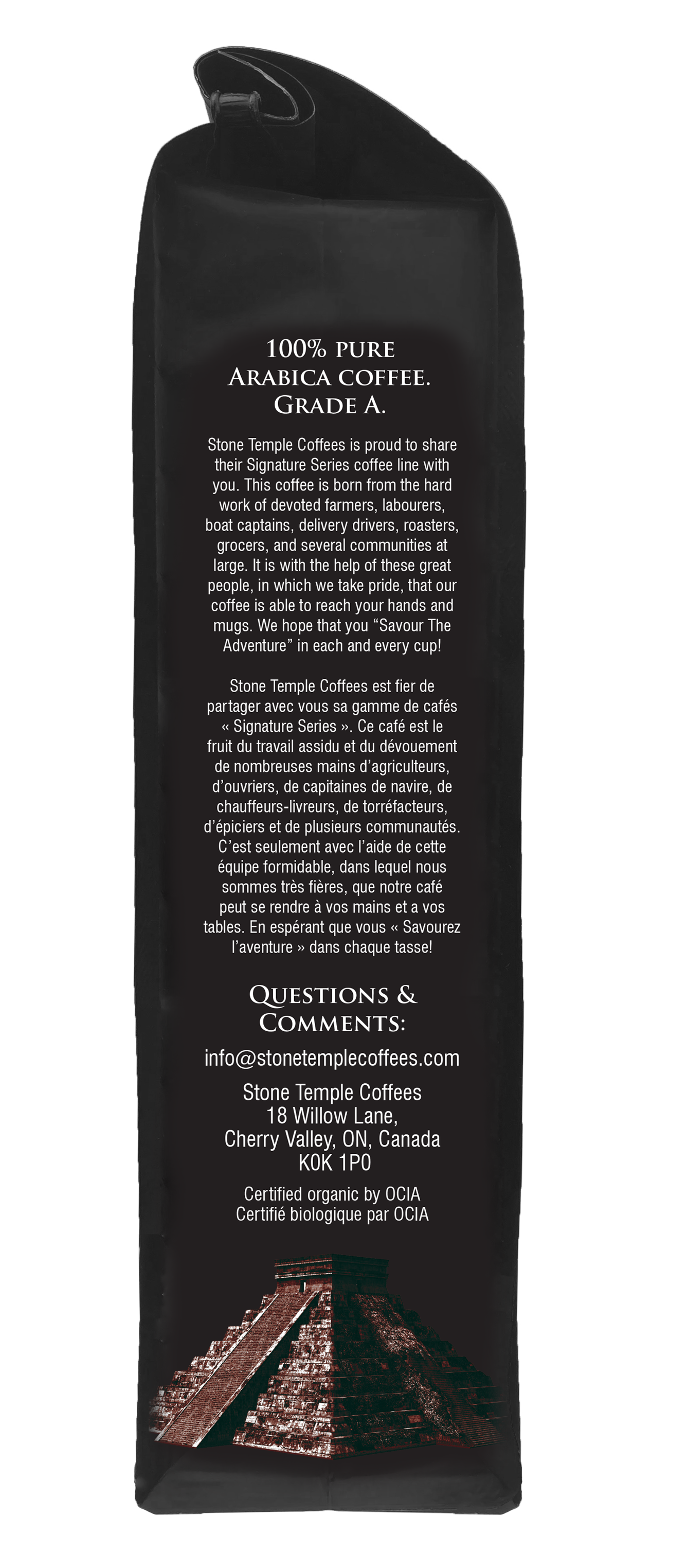 Dark Temple - Whole Bean, Dark French Roast, Certified Organic OCIA/ Fairtrade Coffee 1lb/ 454g