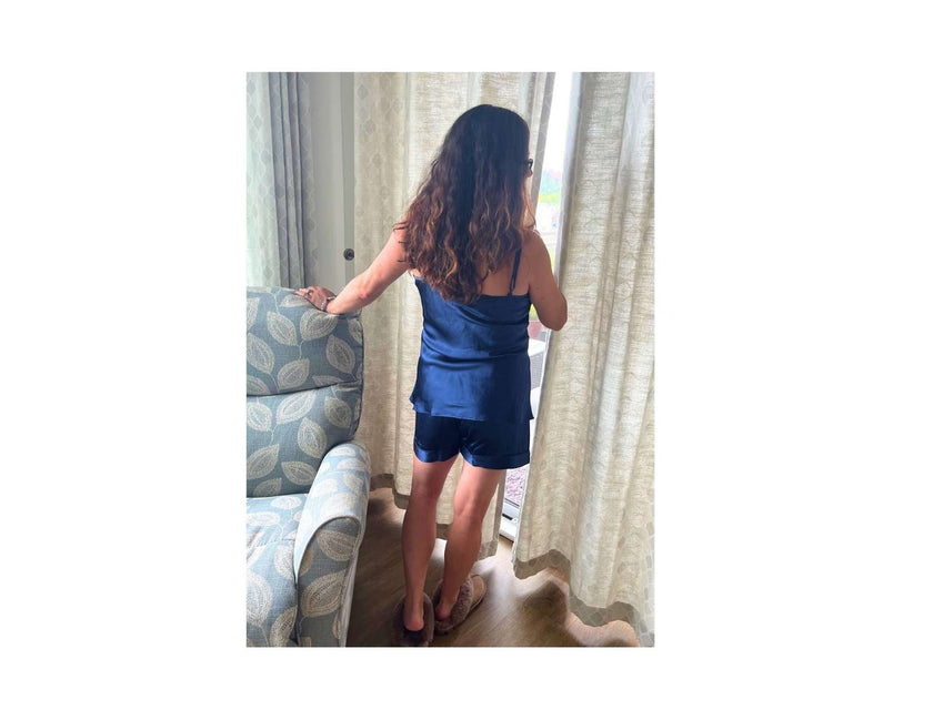 Women's Mulberry Silk Camisole and Boxer Pajama Set Navy Blue