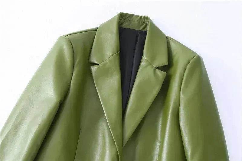 Single Breasted Casual Imitation Leather Suit Jacket Trousers Suit Women