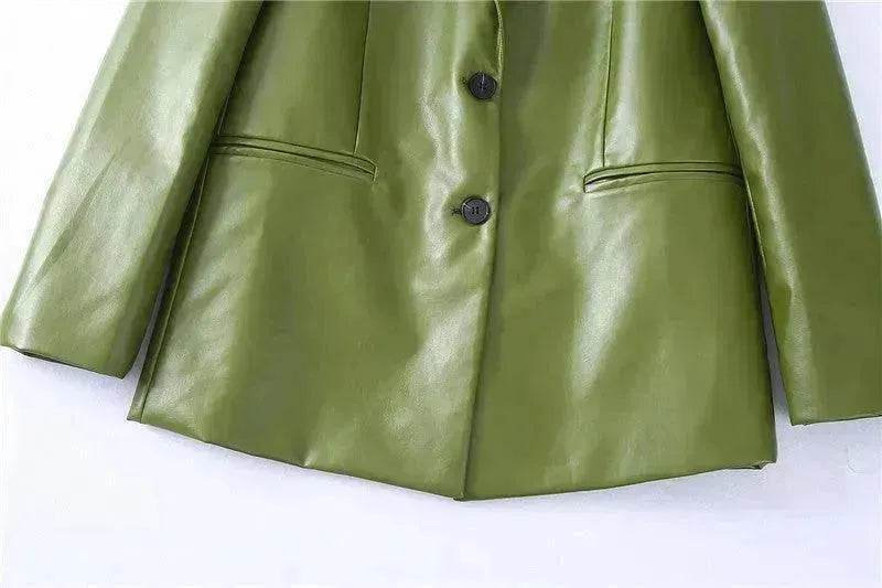 Single Breasted Casual Imitation Leather Suit Jacket Trousers Suit Women