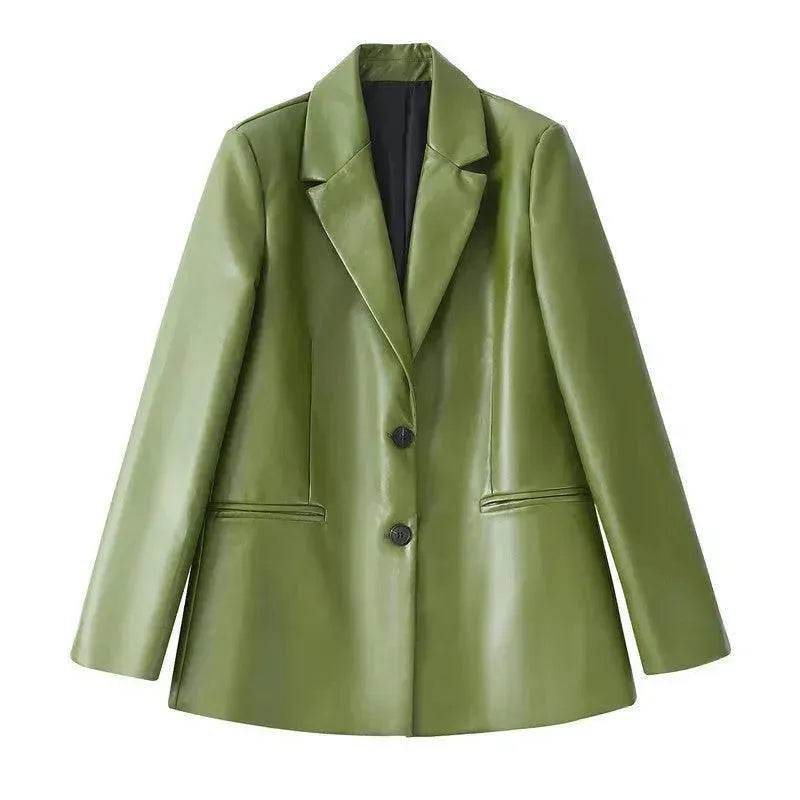 Single Breasted Casual Imitation Leather Suit Jacket Trousers Suit Women