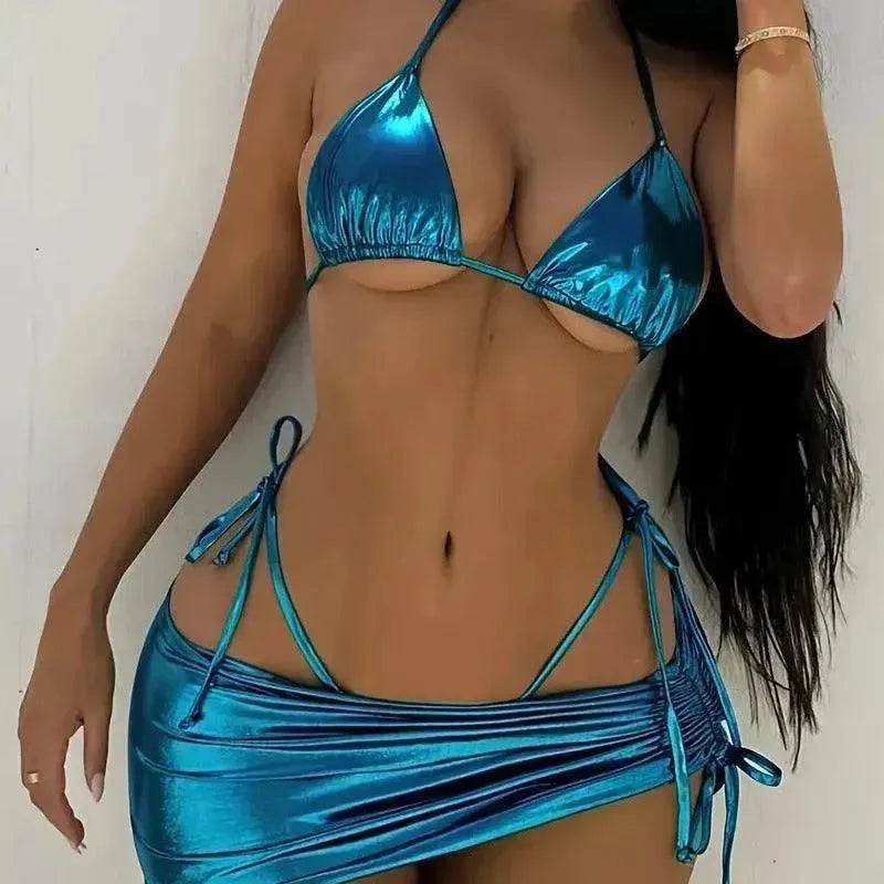 Solid Color Bronzing Glossy Charming Lacing Swimsuit