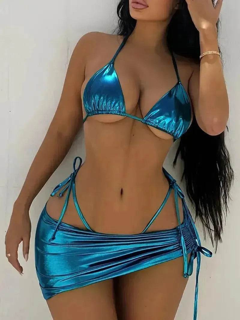Solid Color Bronzing Glossy Charming Lacing Swimsuit