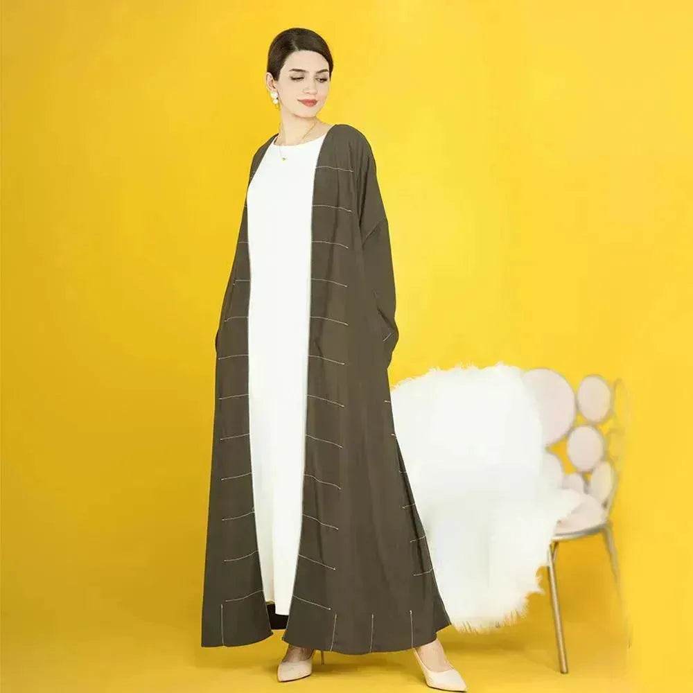 Solid Color Cardigan Abaya Dress Robe for Elegant Arab Dubai Turkey Middle Eastern Women.