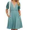 Solid Color Lace V-neck Patchwork Short Sleeve Pocket Waist Dress