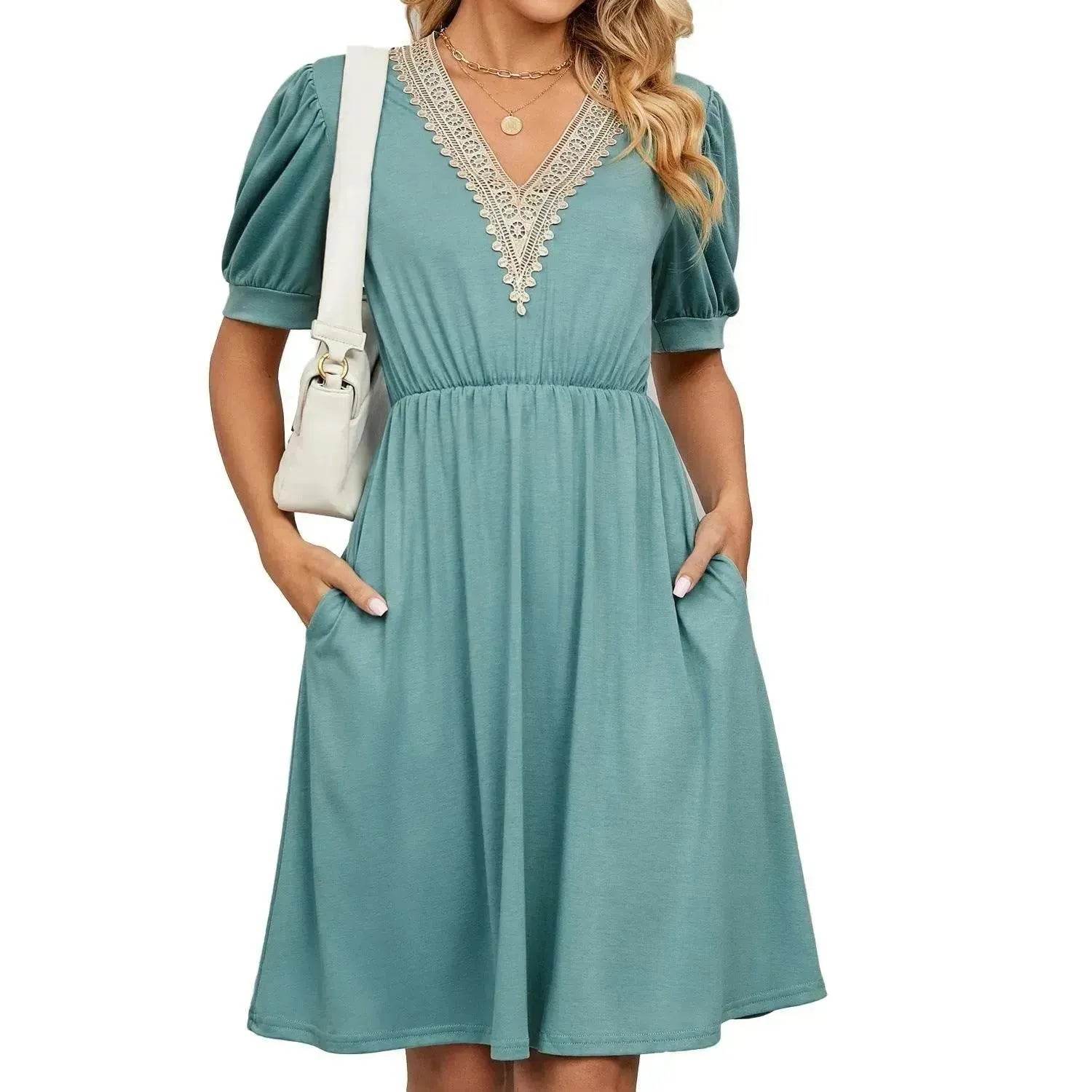 Solid Color Lace V-neck Patchwork Short Sleeve Pocket Waist Dress