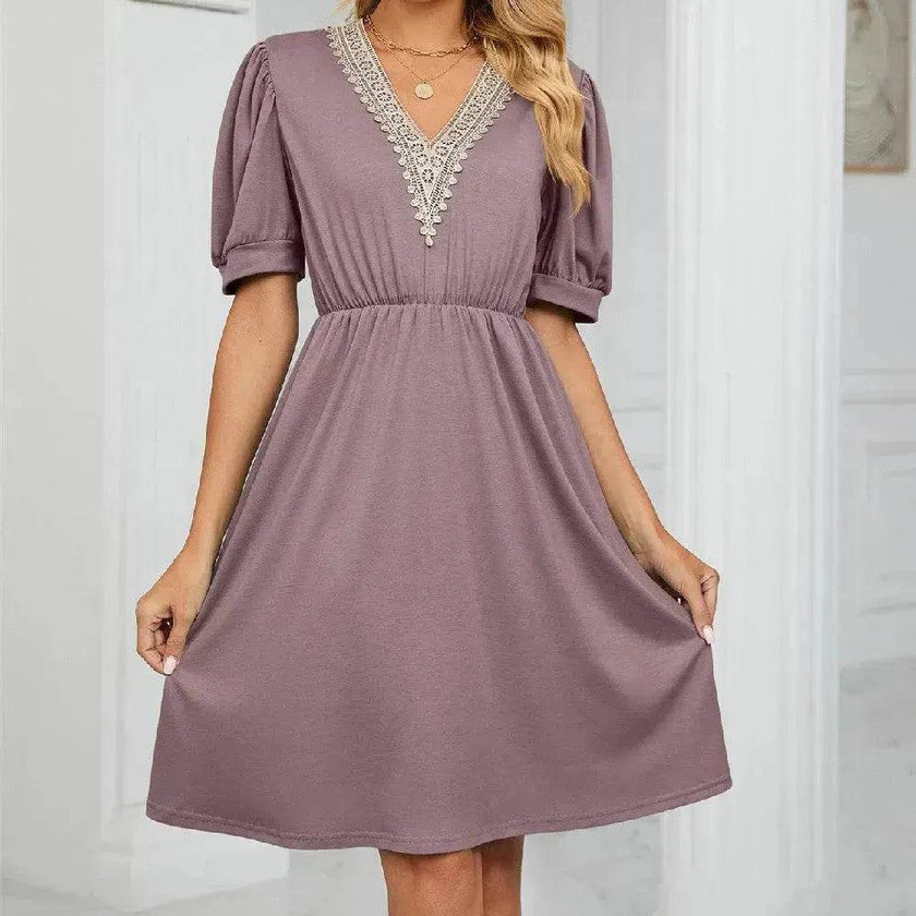 Solid Color Lace V-neck Patchwork Short Sleeve Pocket Waist Dress