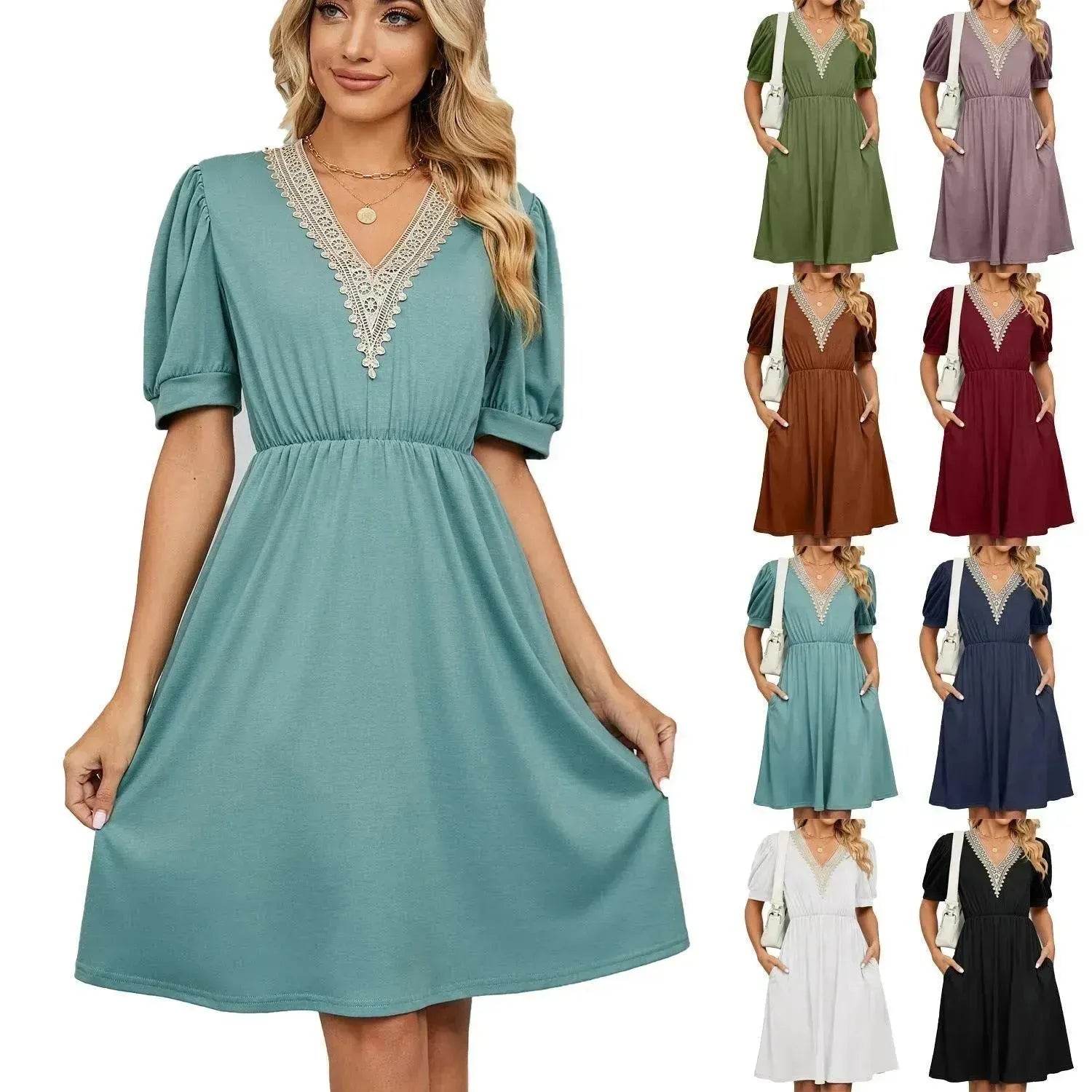 Solid Color Lace V-neck Patchwork Short Sleeve Pocket Waist Dress