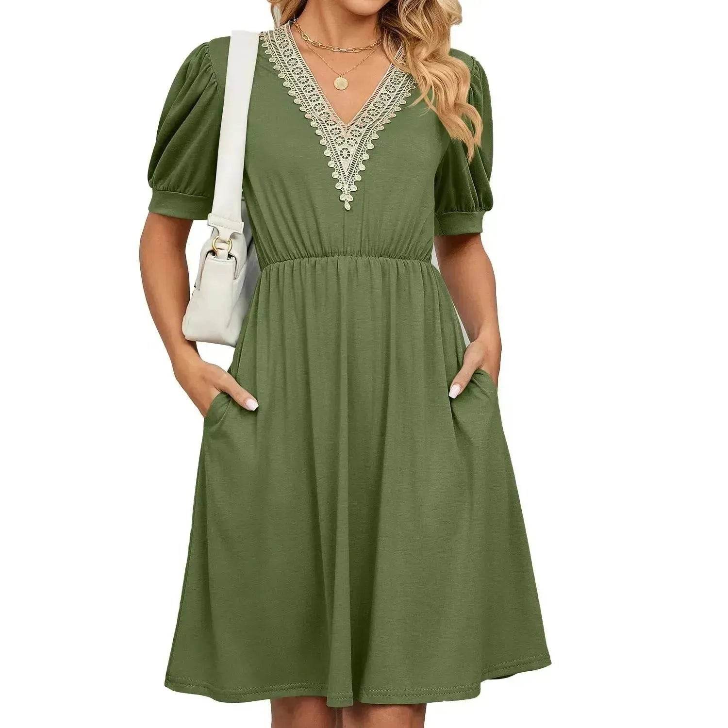 Solid Color Lace V-neck Patchwork Short Sleeve Pocket Waist Dress