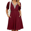 Solid Color Lace V-neck Patchwork Short Sleeve Pocket Waist Dress